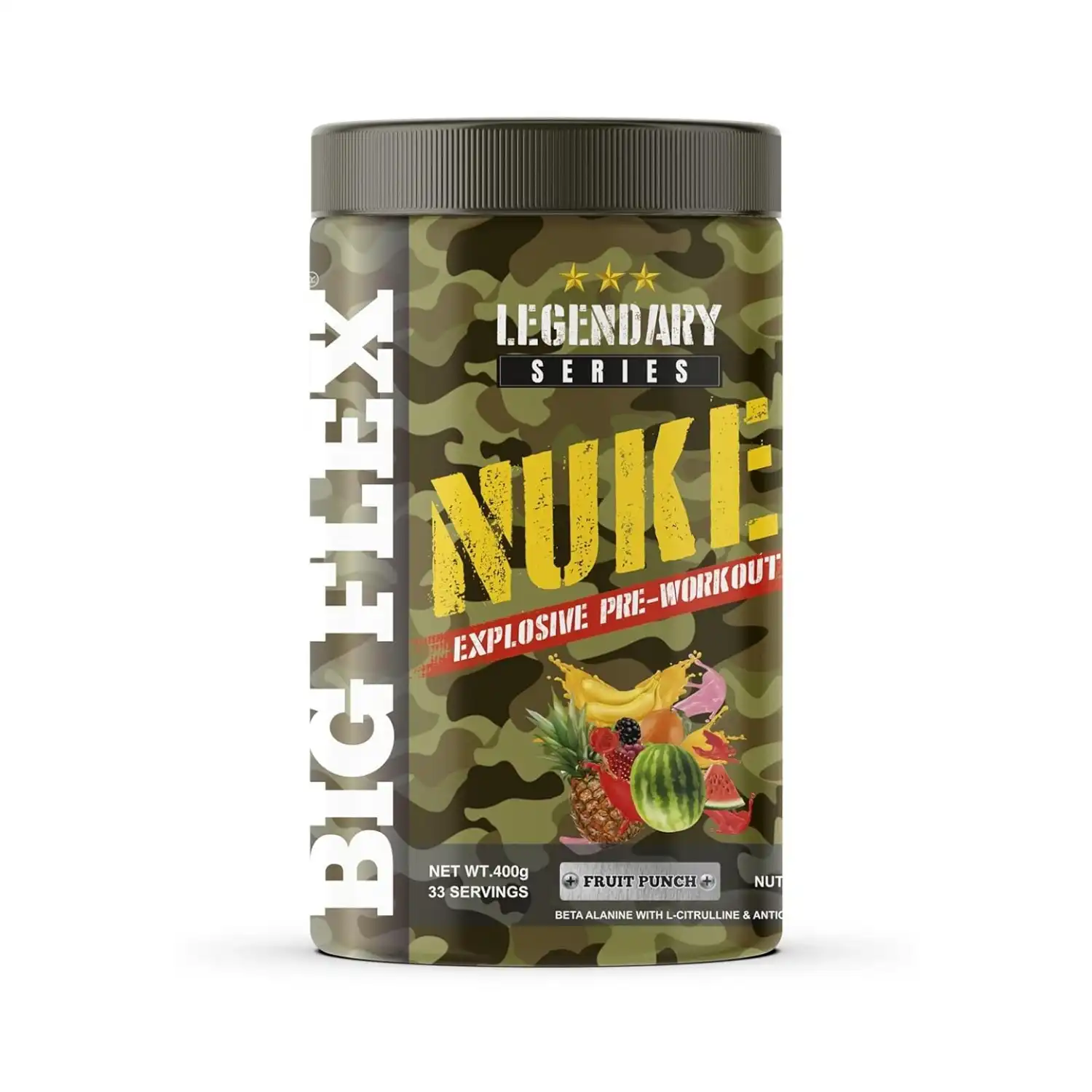 NUKE- PREWORKOUT is a pre-workout drink with explosive energy blend of Beta-alanine, Creatine, Taurine and Vitamin C along with alertness amplifier matrix containing Caffeine. It is an advanced pre-workout formulation designed for intense energy, maximum focus, amplified pumps, explosive power, support cognitive function, expand muscle endurance and help delay fatigue.